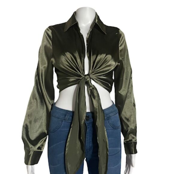 SHEIN Green Silk Like Wrap Blouse SZ S Shirt TOP Bishop Sleeves - Picture 2 of 6